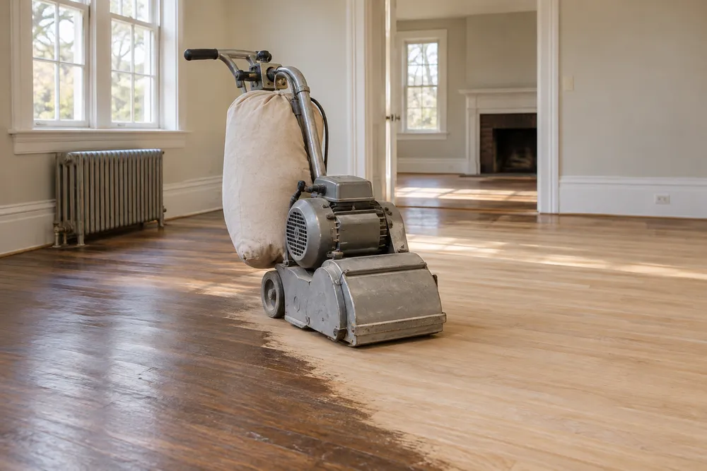 Illustrative Floor sander on partially sanded oak boards